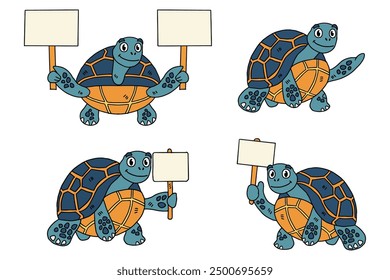 A turtle holding a sign. The turtle is smiling and he is happy