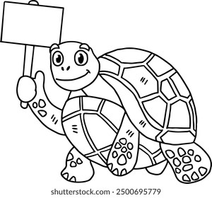 A turtle holding a sign. The sign is white and has a black border