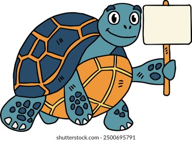 A turtle holding a sign. The sign is white and has a black border