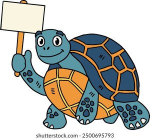 A turtle holding a sign. The sign is white and has a black border