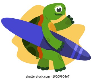 Turtle holding surfboard. Anthropomorphic animal in cartoon style.