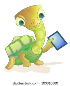 Turtle Holding Tablet PC, Illustration For Slow Internet Connection. Isolated On White