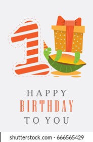 Turtle holds a gift. cute happy birthday card with fun turtle.1 year.  vector illustration