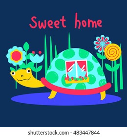 Turtle in it's home among flowers Vector illustration