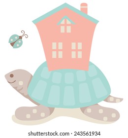 Turtle House / Whimsical Illustration A happy turtle carrying his house on his back with his ladybug friend. He carries his burdens and responsibilities with a spirit of fun. Easy to edit vector.
