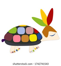 Turtle hurries to a party. Cartoon vector illustration. Print on paper, fabric, ceramics. Illustration for cover design, keychain, pendant