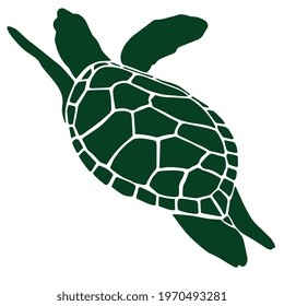 Turtle. Icon in deep green color, isolated on white background. Creative original illustration. Sticker. Graphic design element. Template. Hand drawn. Vector EPS10. 