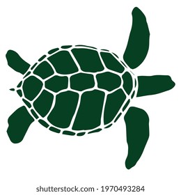 Turtle. Icon in deep green color, isolated on white background. Creative original illustration. Sticker. Graphic design element. Template. Hand drawn. Vector EPS10. 