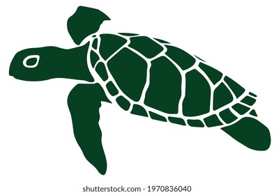 Turtle. Icon in deep green color, isolated on white background. Creative original illustration. Sticker. Graphic design element. Template. Hand drawn. Vector EPS10. 