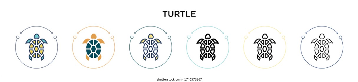 Turtle icon in filled, thin line, outline and stroke style. Vector illustration of two colored and black turtle vector icons designs can be used for mobile, ui, web