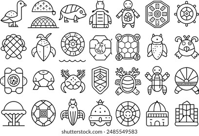 turtle icon set. editable stroke outline icons set. vector illustration.
