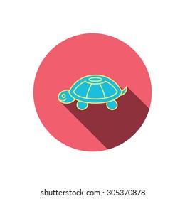 Turtle icon. Tortoise sign. Tortoise shell symbol. Red flat circle button. Linear icon with shadow. Vector