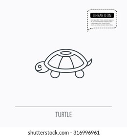 Turtle icon. Tortoise sign. Tortoiseshell symbol. Linear outline icon. Speech bubble of dotted line. Vector