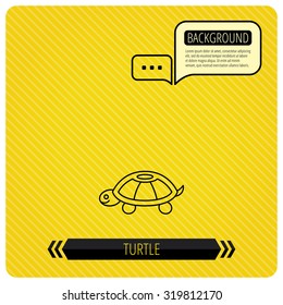 Turtle icon. Tortoise sign. Tortoiseshell symbol. Chat speech bubbles. Orange line background. Vector.