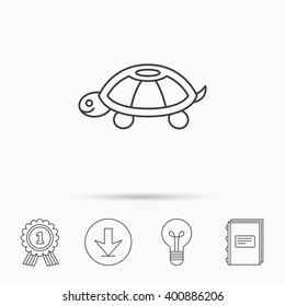 Turtle icon. Tortoise sign. Tortoiseshell symbol. Download arrow, lamp, learn book and award medal icons.