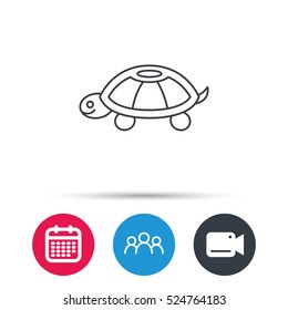 Turtle icon. Tortoise sign. Tortoiseshell symbol. Group of people, video cam and calendar icons. Vector