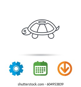 Turtle icon. Tortoise sign. Tortoiseshell symbol. Calendar, cogwheel and download arrow signs. Colored flat web icons. Vector