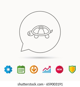 Turtle icon. Tortoise sign. Tortoiseshell symbol. Calendar, Graph chart and Cogwheel signs. Download and Shield web icons. Vector