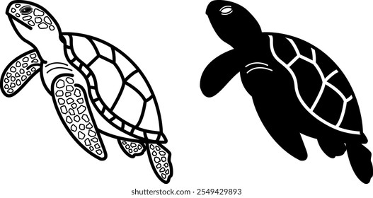 Turtle Icons. Black and White Vector Illustration. Reptile, Turtle with Shell. Symbol of Wealth, Long Life, and Fertility. For Coloring Book Design. Aquatic Animal Concept