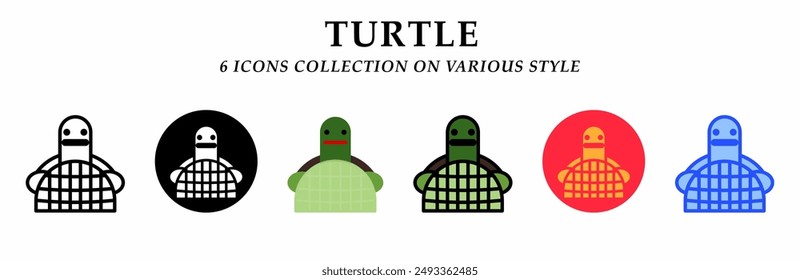 Turtle icons collection. 6 Various styles. Lineal, solid black, flat, lineal color and gradient. For sign, symbol, presentation, infographic or web graphics. Vector Illustration.
