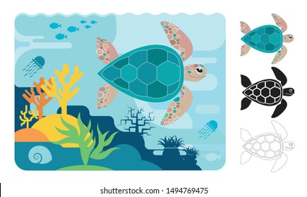 Turtle icons. Flat vector illustration of turtle. Decorative cute illustration for children. Graphic design elements for print and web.