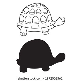 Turtle illustration. Line art. Vector illustration on white background. Two versions, black shape and black and white silhouette. Cut out