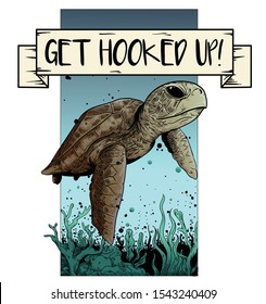 turtle illustration, underwater illustration, turtle shirt design, turtle vector