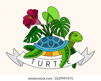 Turtle illustration in vintage line art style with taro leaves, monstera, and hibiscus flowers, capturing the essence of tropical summer beach life. Perfect for summer cards, posters, websites