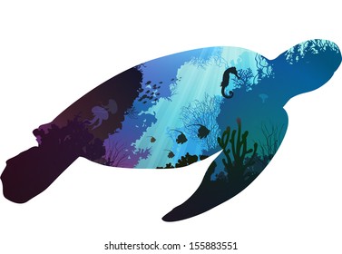 turtle. inside the underwater world of coral reefs and various marine inhabitants. white background, vector illustration