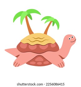 Turtle Island, on the back and shell of the sea animal is a sandy beach with palm trees. Vector illustration of a smiling character in a flat and childish cartoon style