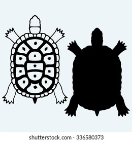 Turtle. Isolated on blue background. Vector silhouettes