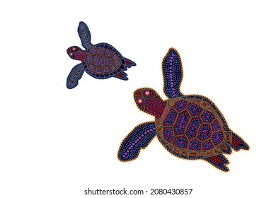 Turtle isolated on white background. Australia aboriginal turtle dot painting. Aboriginal styled color tortoise.Decorative ethnic style.For flyer, poster, banner, placard, brochure.Vector illustration