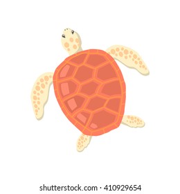 Turtle isolated on white background design flat. Tortoise with a big red carapace. The head and fins are covered with turtles speckled pattern. Creature  wildlife of wold world. Vector illustration
