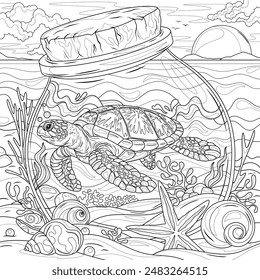 Tortuga en un frasco en la orilla del mar.Libro de colorear antistress para niños y adultos. Ilustración aislada sobre fondo blanco. Dibujo a mano