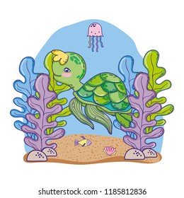 turtle and jellyfish animal with seaweed plants