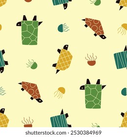 Turtle Jellyfish Animal Vector Seamless Pattern illustration Design