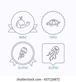 Turtle and jellyfish  icons. Whale linear sign. Award medal, star label and speech bubble designs. Vector