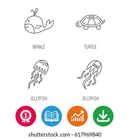 Turtle and jellyfish  icons. Whale linear sign. Award medal, growth chart and opened book web icons. Download arrow. Vector