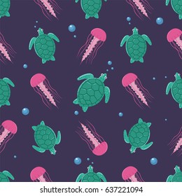 Turtle and Jellyfish Seamless Pattern