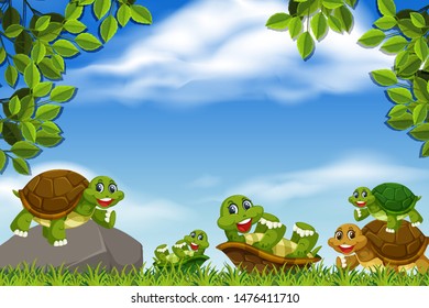 Turtle in jungle scene illustration