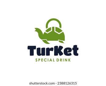 A turtle with a kettle is a symbol for a drink logo for a restaurant or bar
