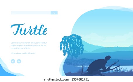 Turtle landing page template. Nature exploration flat web banner layout design. Aquatic animal silhouette on peaceful landscape background. Sea, ocean wildlife minimalistic illustration