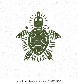 Turtle lettering print in retro style with stamp effect. Textures and background on separate layers.