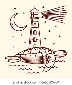 Turtle lighthouse line illustration. hand drawn