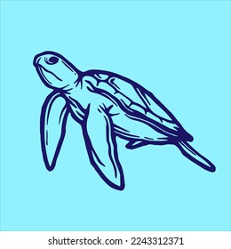 Ilustración de la línea de tortuga para tatuajes , diseño de camisetas, diseño de merch y logotipo en colores azules