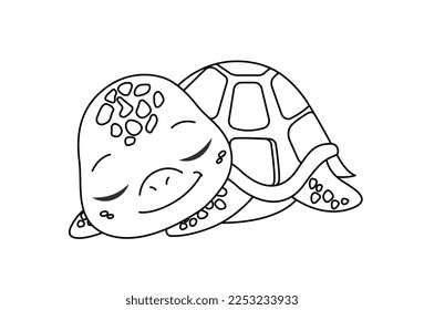 Turtle line silhouette. Minimalistic creativity and art. Graphic element for website. Cute animal sleeps, dreams. Representative of underwater world. Cartoon flat vector illustration