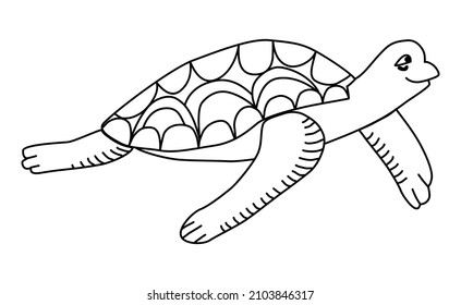 Turtle. Linear simple drawing. Side view. Cute cartoon character. Marine animal outline. Vector doodle illustration isolated on white background. Childrens coloring for the little ones.
