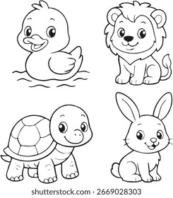 Turtle, lion, duck, rabbit cartoon colouring page vector isolated on white background, A set of cute animal colouring illustration.