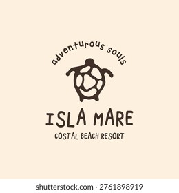 Turtle logo design for Isla Mare coastal beach resort with adventurous souls slogan on a beige background, hand-drawn vector illustration.