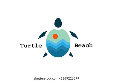 Turtle logo. Illustration of turtle with sea and sunset vector. Nature logo concept.